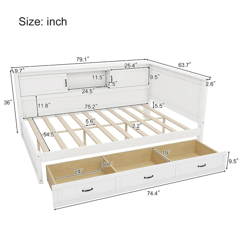 L-Shaped Bed Frame with 3 Drawers, Bookcase, LED Light and USB Charging Port