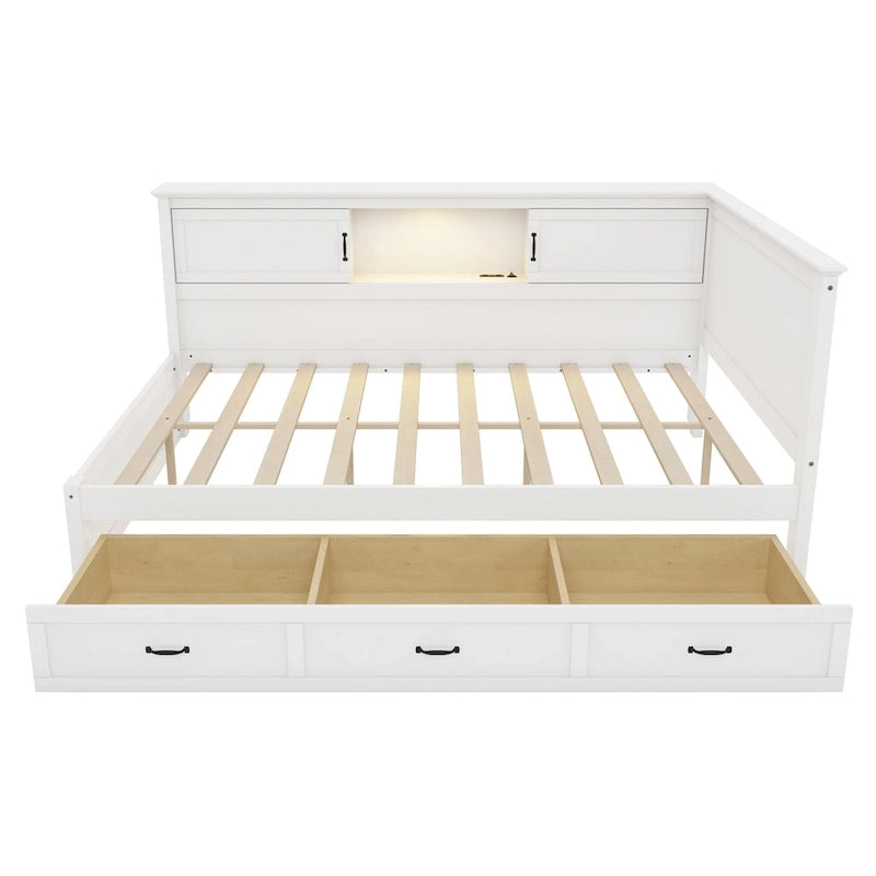 L-Shaped Bed Frame with 3 Drawers, Bookcase, LED Light and USB Charging Port