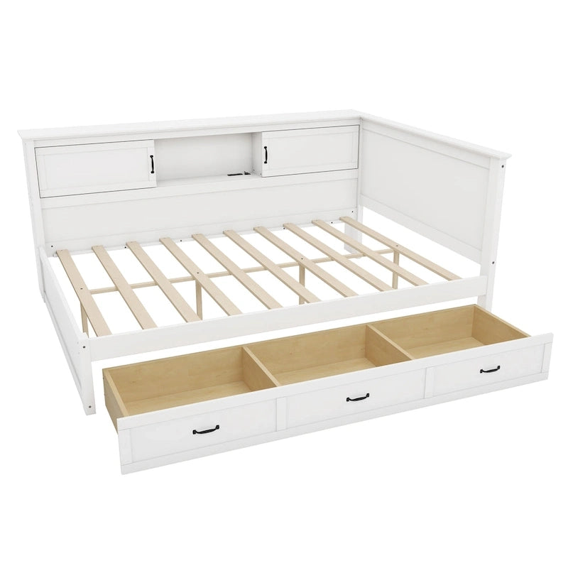L-Shaped Bed Frame with 3 Drawers, Bookcase, LED Light and USB Charging Port