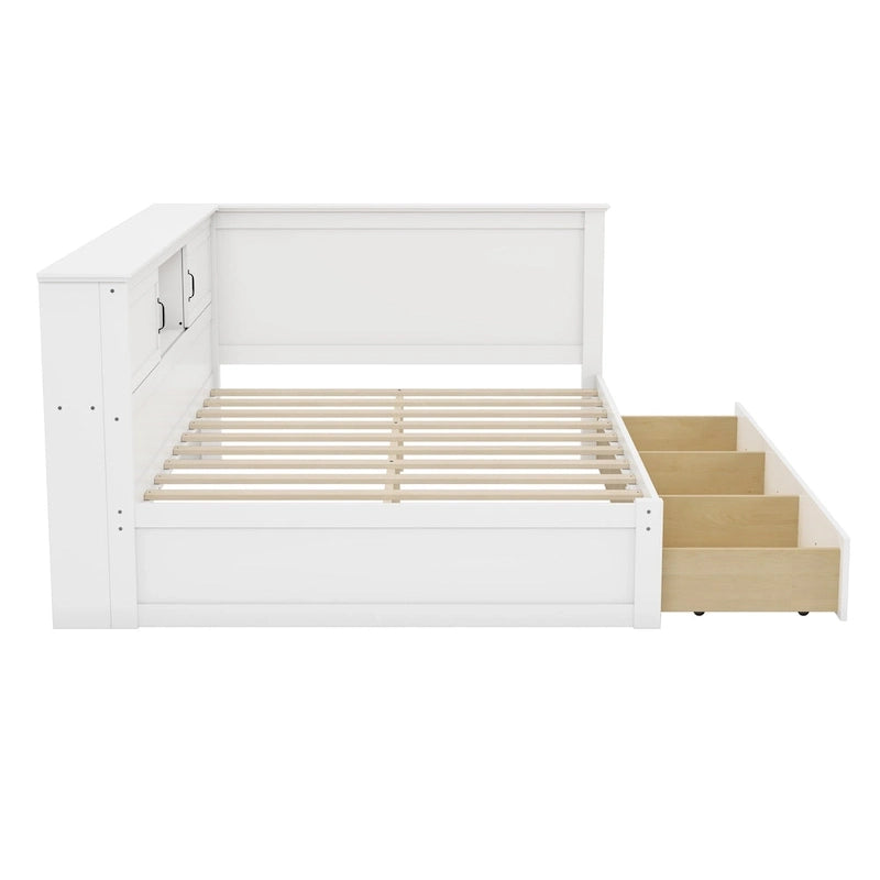 L-Shaped Bed Frame with 3 Drawers, Bookcase, LED Light and USB Charging Port