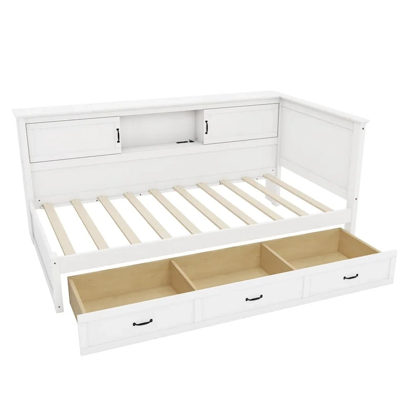 L-Shaped Bed Frame with 3 Drawers, Bookcase, LED Light and USB Charging Port