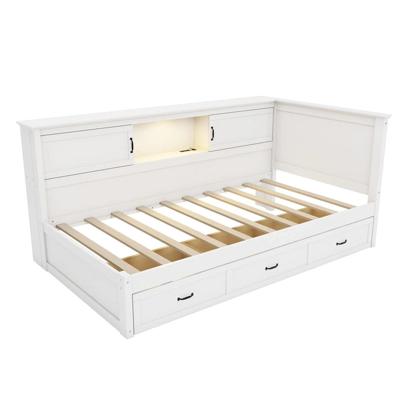 L-Shaped Bed Frame with 3 Drawers, Bookcase, LED Light and USB Charging Port