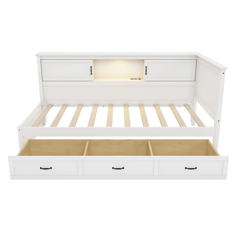 L-Shaped Bed Frame with 3 Drawers, Bookcase, LED Light and USB Charging Port