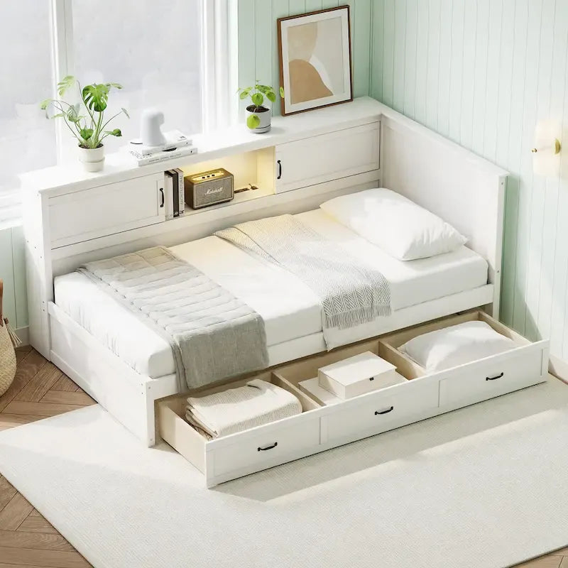 L-Shaped Bed Frame with 3 Drawers, Bookcase, LED Light and USB Charging Port