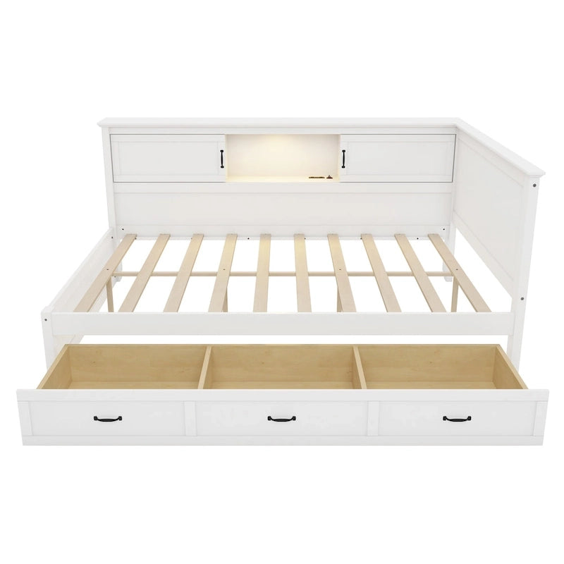 L-Shaped Bed Frame with 3 Drawers, Bookcase, LED Light and USB Charging Port