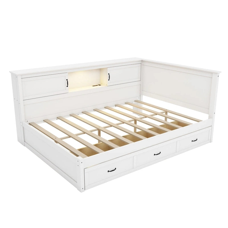 L-Shaped Bed Frame with 3 Drawers, Bookcase, LED Light and USB Charging Port