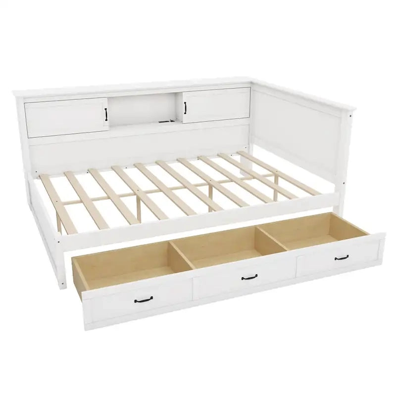 L-Shaped Bed Frame with 3 Drawers, Bookcase, LED Light and USB Charging Port