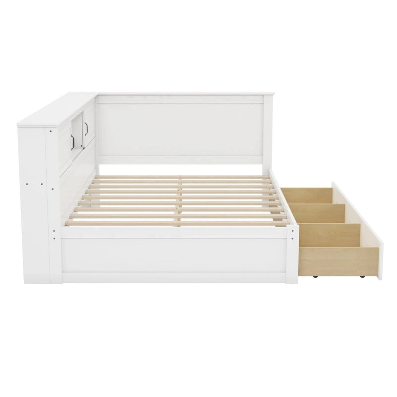 L-Shaped Bed Frame with 3 Drawers, Bookcase, LED Light and USB Charging Port