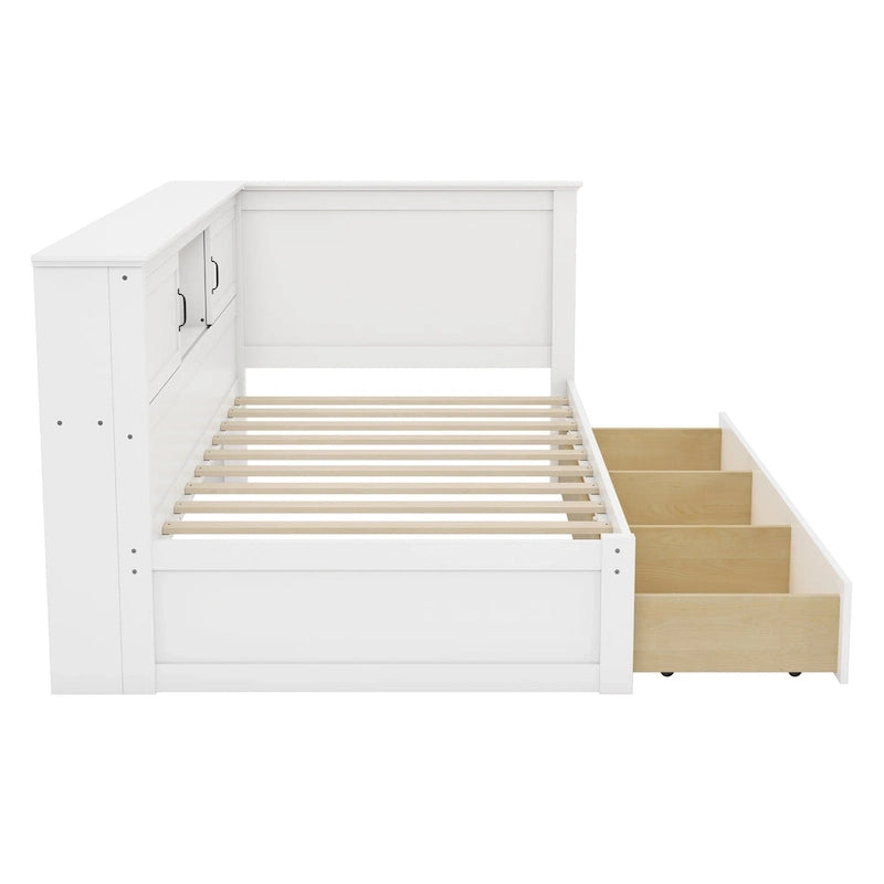L-Shaped Bed Frame with 3 Drawers, Bookcase, LED Light and USB Charging Port
